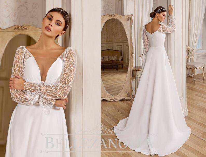Deep Neck Satin Wedding Dress A-line Bridal Gown Princess - Etsy