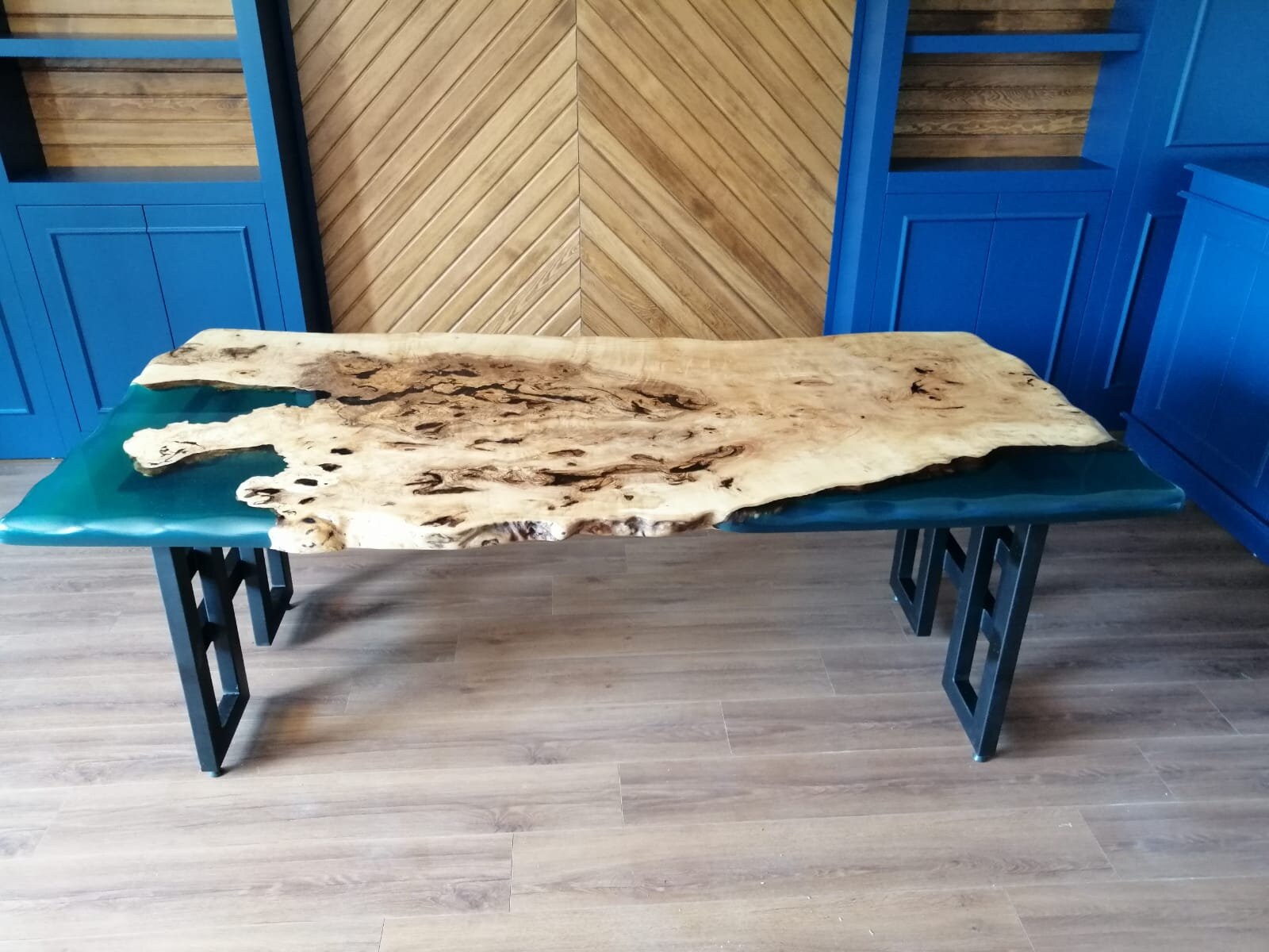 Custom 72 X 40 Olive Wood Dining Table With Sky Blue Epoxy, Center Top