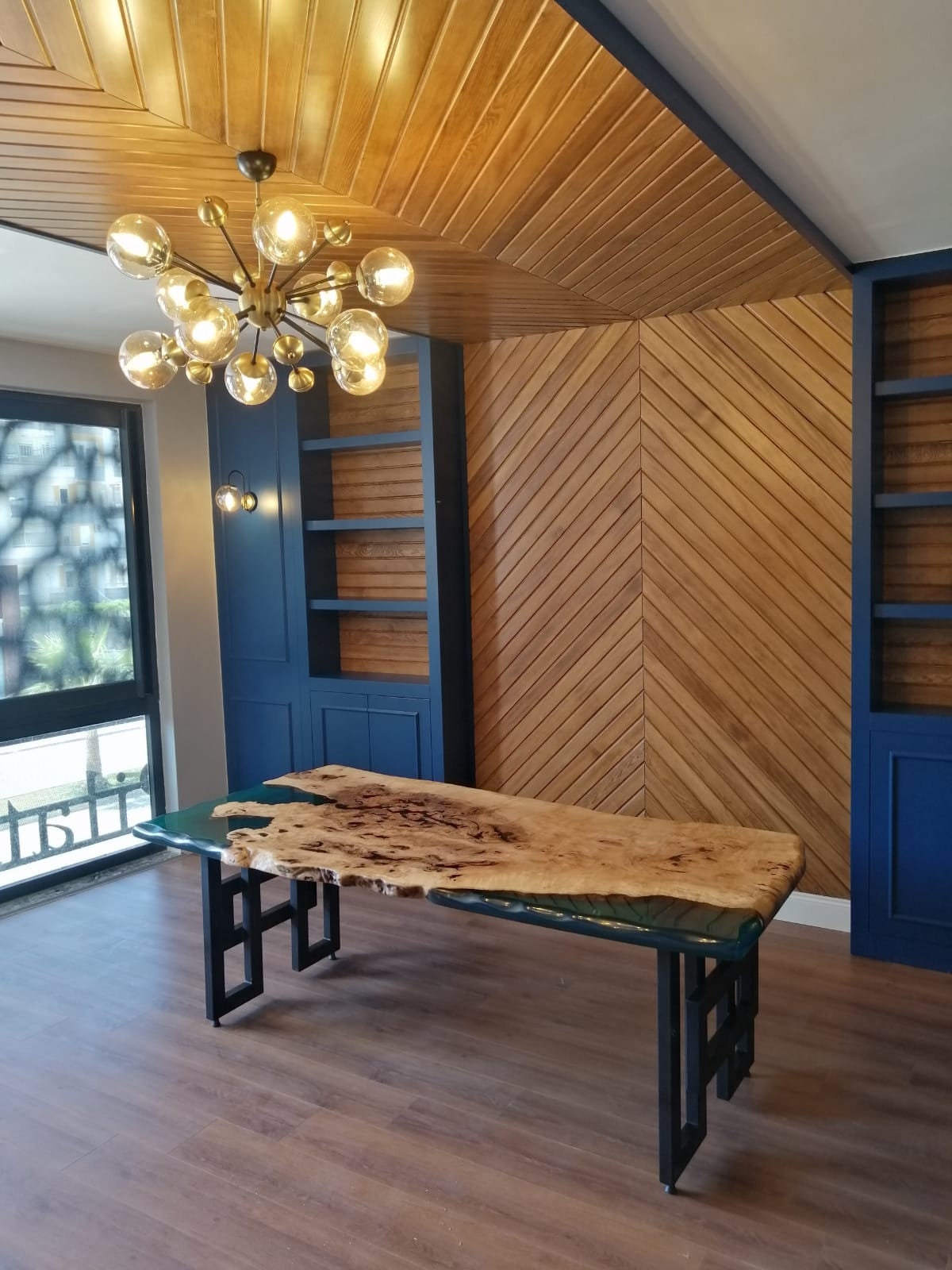 Custom 72 X 40 Olive Wood Dining Table With Sky Blue Epoxy, Center Top