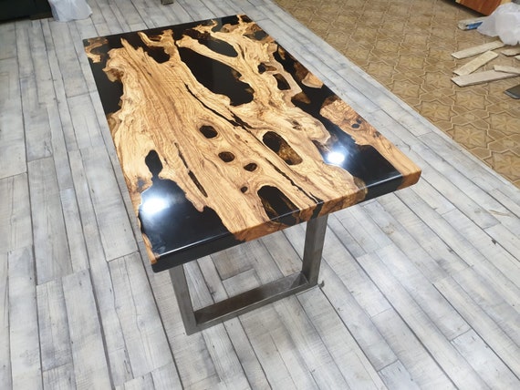 Madet to Order Olive Wood Epoxy River Table Top, Black Resin River