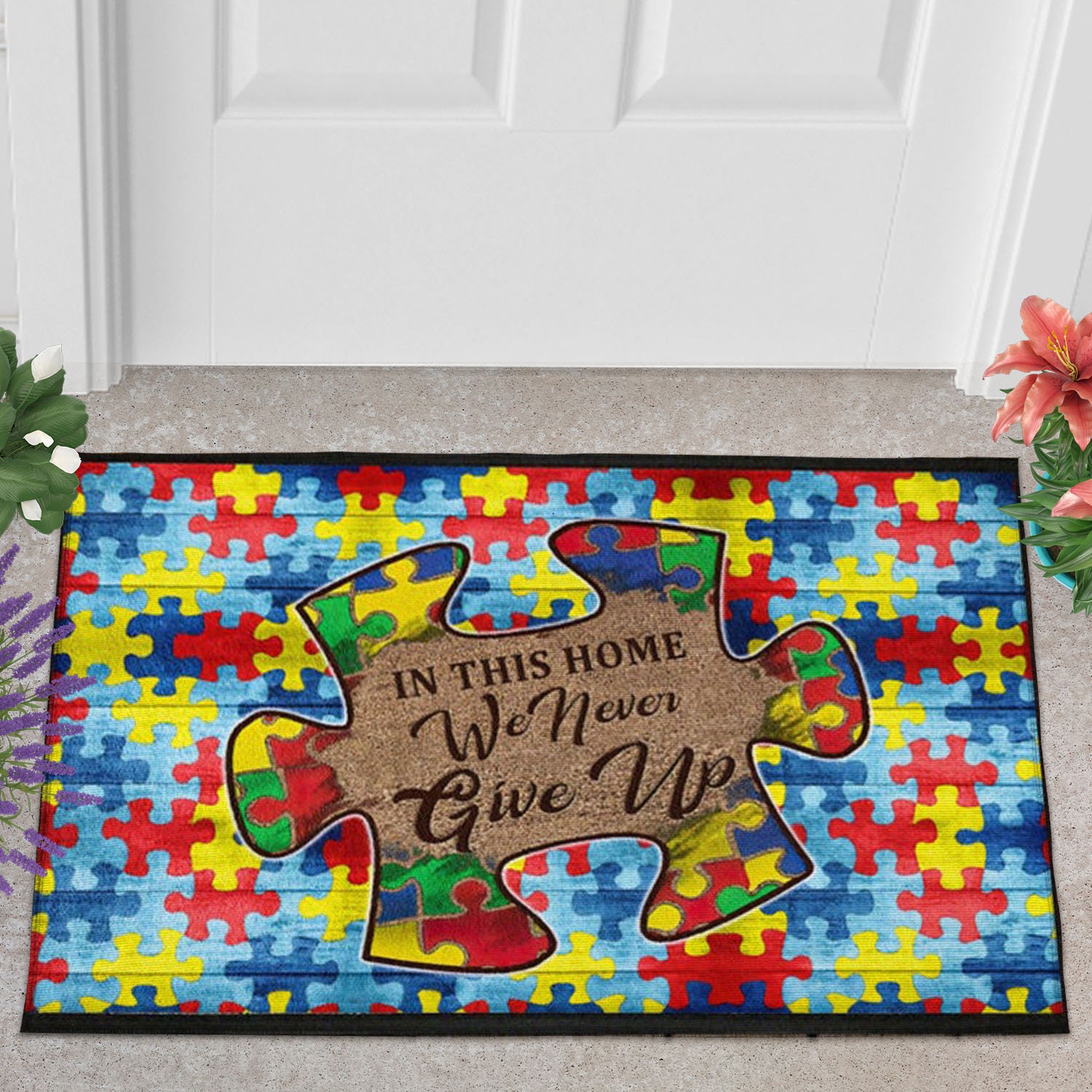 Autism Awareness DoormatIn This HomeWe Never Give Up Etsy