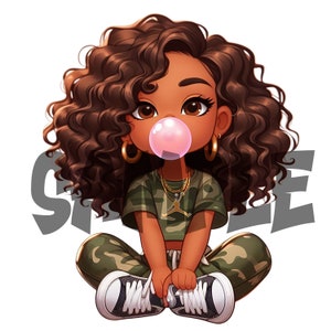 Image de jeune femme PNG à téléchargement immédiat, fille aux jambes croisées, soufflant des bulles, jeune fille en pantalon camouflage