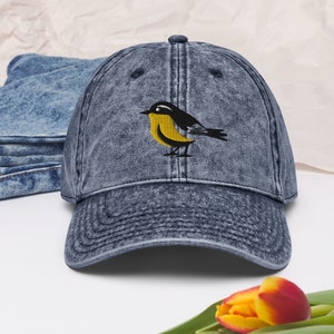 Warbler bird Vintage Embroidered Cap, Bird Watcher Gift, Yellow Bird Cap
