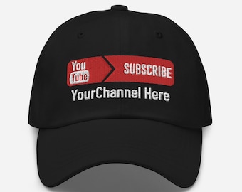 YouTube - Your Channel Here Custom Personalized Hat, Your Channel Name Cap, Your Channel YOUTUBE, Like Share Subscribe Gift for Youtuber