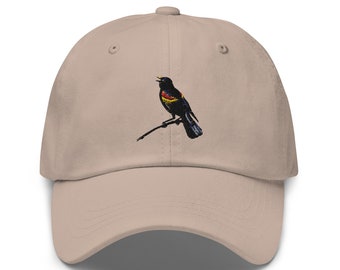 Red winged Blackbird Hat, Wildlife Hat, Bird Watcher, Bird Lover Gift, Hiking, Red Winged Blackbird