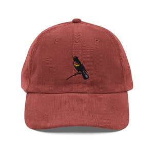 Red winged Blackbird Vintage Corduroy Cap, Wildlife Hat, Bird Watcher, Bird Lover Gift, Hiking, Red Winged Blackbird