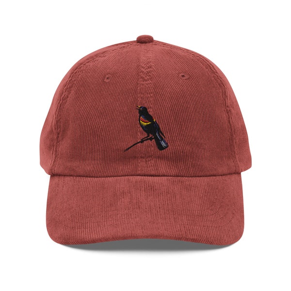 Red winged Blackbird Vintage Corduroy Cap, Wildlife Hat, Bird Watcher, Bird Lover Gift, Hiking, Red Winged Blackbird
