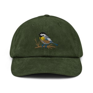 Flying Chickadee Corduroy Hat, Embroidery Design, Cute Farm Gift, Black Capped Wildlife Bird Watcher Gift, Bird Lover