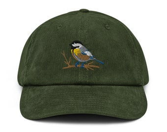 Flying Chickadee Corduroy Hat, Embroidery Design, Cute Farm Gift, Black Capped Wildlife Bird Watcher Gift, Bird Lover