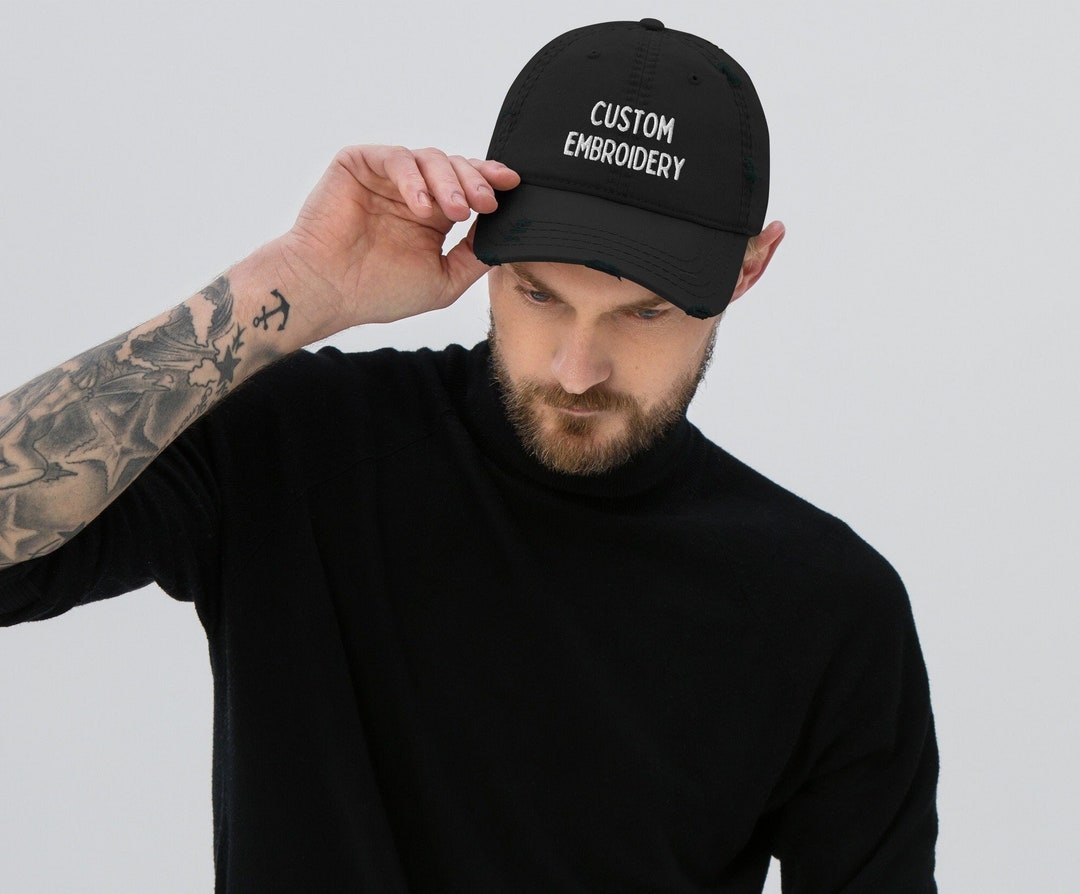 Custom Embroidered Distressed Hat, Customized Text Design or Logo