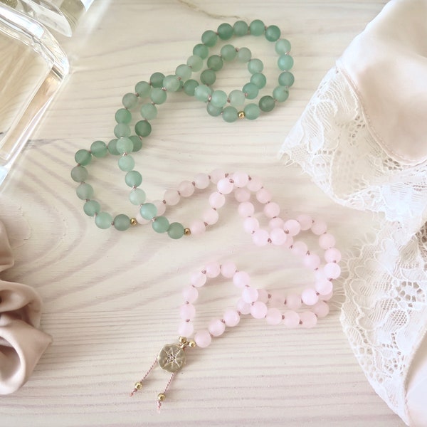 Love & Luck Mala necklace | Green aventurine, rose quartz, guiding star pendant | 108 hand knotted mala | Mediation, yoga, mantra gift