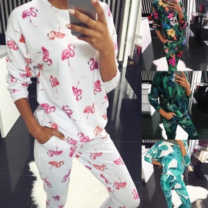 Long Sleeve Flamingo Print, Floral, Top & Pants, Cute Pajama Set,
