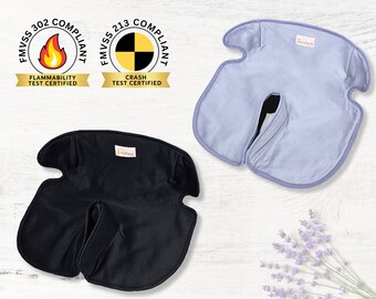 May include: Two car seat protectors, one black and one light blue, with a label that says "Besafe". The protectors are made of soft fabric and have a split design. The image also includes two safety certification labels, one for flammability and one for crash testing.