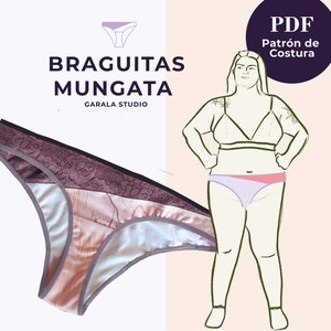 May include: A PDF sewing pattern for "Braguitas Mungata" underwear. The pattern is illustrated with a woman wearing the underwear. The underwear is pink, purple, and red.