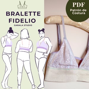May include: A PDF sewing pattern for a bralette called "Fidelio" by Garala Studio. The pattern includes three different sizes of the bralette, shown on three figures. The bralette is a delicate lace design with a light purple and white color scheme.