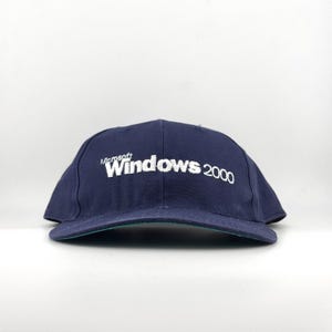 90s Microsoft Windows 2000 Vintage Cap Navy Tech Promo Hat Y2K Software Developer Era Leather Strap Heavy Cotton Canvas Embroidered Logo