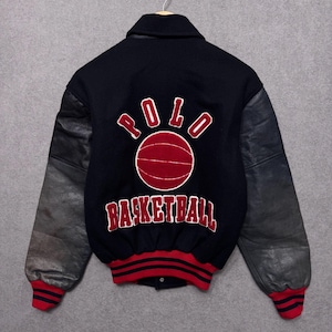 90s POLO RALPH LAUREN Basketball Leather Wool Varsity Jacket Big Logo Black Red Vintage Rare