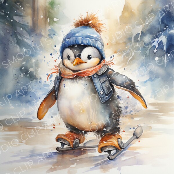 13 Penguin Clipart, Bundle of 13 Adorable Skating and Festive Penguin JPEG Digital Images - Holiday Crafts, Cards, Print on Demand