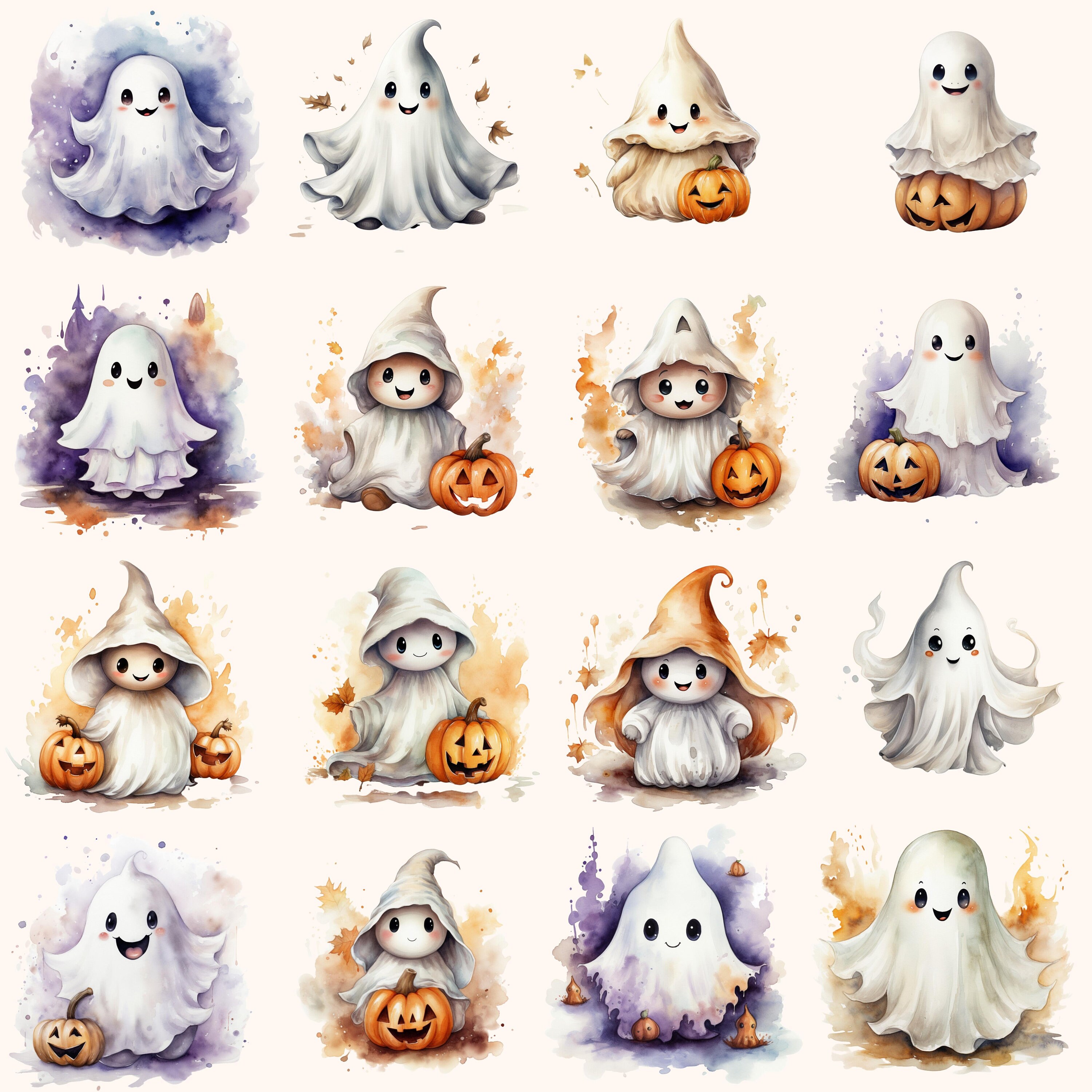 62 Cute Halloween Ghost PNG Clipart Bundle Happy Watercolour - Etsy