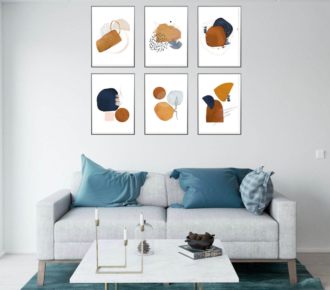 Set of 6 Beige Blue Brown & Gold Abstract Printable Wall | Etsy