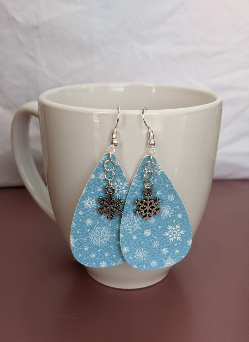 Snowflake Faux Leather Earrings Winter Earrings Snowflake image 1