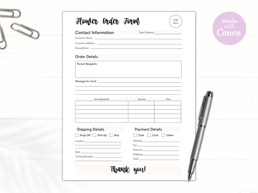 EDITABLE Floral Order Form, Florist Order Form, Custom Flower Order