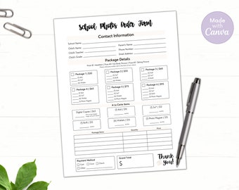 May include: A black and white school photo order form with a grid for selecting different photo packages and a la carte items. The form includes contact information, payment method, and a grand total section. The form has the text "School Photos Order Form" at the top and "Thank You!" at the bottom.