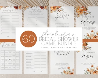 Fall Bridal Shower Games | Editable Hens Party Games | Editable Bridal Shower Signs | Floral Autumn Pumpkin Orange Red Bridal Shower | BRS6