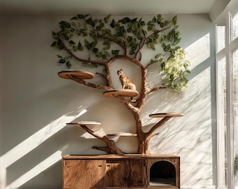 Handmade Wooden Cat Tree Tower with Cabinet Natural Wood Cat Tree Cat Tree House Cat Play Tree Modern Cat Furniture  Home Decor