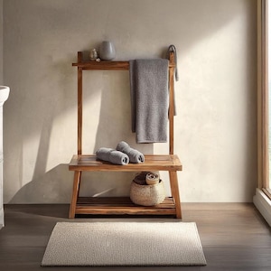Wood Towel Rack with Shelf and Hooks, Minimalist Bathroom Bench and Storage Organizer, Hand Towel Holder for Bathroom or Entryway