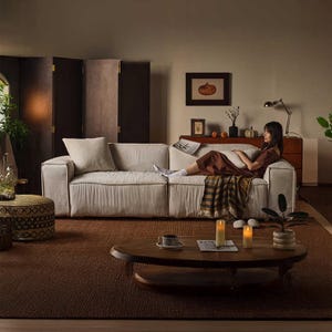 Japanese WabiSabi Style Linen Fabric Sofa Modular Tofu Block Design for Small Spaces Double Straight Seat Washable Cotton-Linen Cover