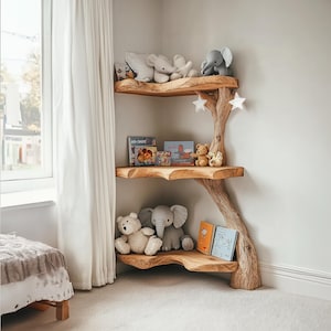 Handmade Solid Wood Tree Bookshelf, Handmade Floating Wooden Shelves in Tree Design,  Wooden Tree Shelf for Kids Room and Nursery Decor