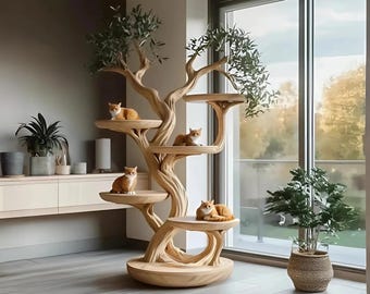 Rustic solid wood cat tree handmade stand naturally solid wood cat tree tower play cat large decor living room gift cat