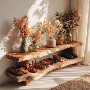 Rustic Wooden Shoe Rack, Custom Entryway Storage Shelf, Handcrafted Live-Edge Wood Shoe Rack for Hallway or Entryway Storage Furniture