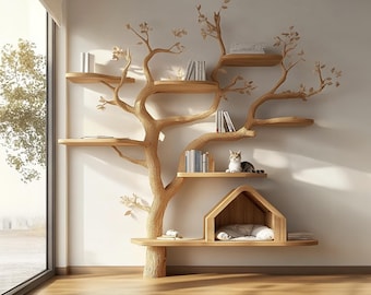 Pet house cat tree natural wood cat furniture handmade unique cat shelves decor living room gift for cat love