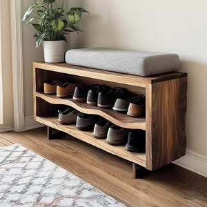 Solid Wood Entryway Shoe Bench, Modern Rustic Shoe Rack Organizer, Modern Farmhouse Shoe Storage Bench for Hallway or Foyer