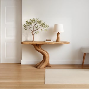 Handcrafted Live Edge Console Table with Sculpted Tree Trunk Base – Natural Solid Wood Entryway Table for Rustic Modern Homes