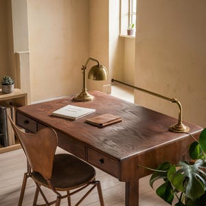 Handmade Solid Wood Writing Desk, Minimalist Solid Wood Desk, Rustic Office Desk with Drawers, Vintage Wooden Workstation for Home Office