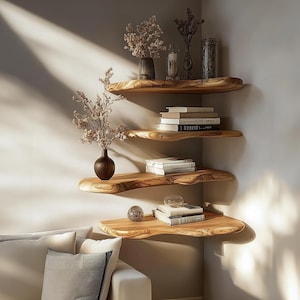 Solid wood shelves Rustic wood shelves Floating shelves Live edge wood shelves Floating corner shelves Living room decoration shelves