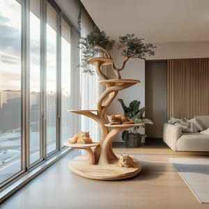 Rustic solid wood cat tree handmade stand naturally wood cat tree tower play cat large decor home bed cat gift cat