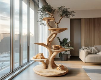 Rustic solid wood cat tree handmade stand naturally wood cat tree tower play cat large decor home bed cat gift cat