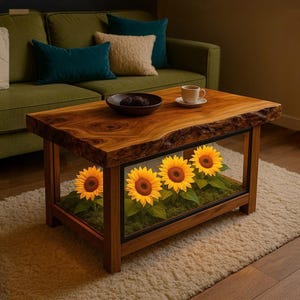 Terrarium Wood Coffee Table Square Glass Display Table with Sunflowers, Rustic handmade coffee table, Unique Style Home Decor