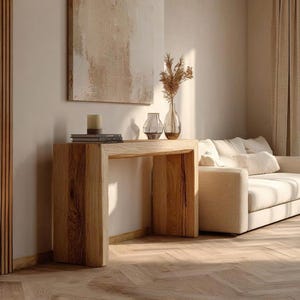 Consola moderna de madera: mesa de recibidor estrecha y esbelta, mesa auxiliar rústica, mueble de entrada con borde natural, madera natural hecha a mano.