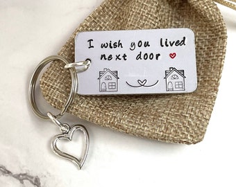 I wish you lived next door keyring, long distance gift, Hand stamped Aluminium Keyring with Heart Charm – Thoughtful miss you gift