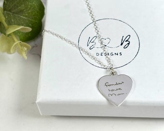Sterling Silver Heart Handwriting Necklace: Engraved Memorial Keepsake