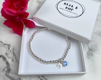 Birthstone silver bracelet, Personalised silver bracelet, initial silver plated elasticated beaded bracelet