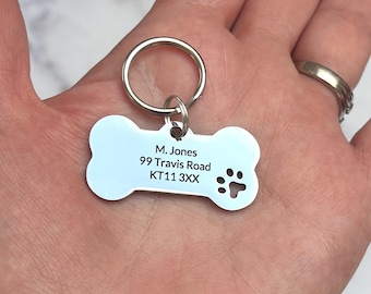Personalised dog collar ID tag,  bone shaped engraved pet tag