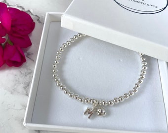 Silver heart bracelet, personalised silver bracelet, initial silver plated elasticated beaded bracelet, gift for her, Valentines gift