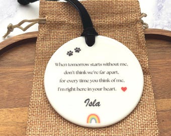 Pet memorial keepsake, personalised dog loss hanging decoration, rainbow bridge, in loving memory