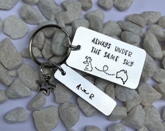 Personalised UK / Australia  'Always under the same sky' keyring, long distance friendship, family,  long-distance relationship